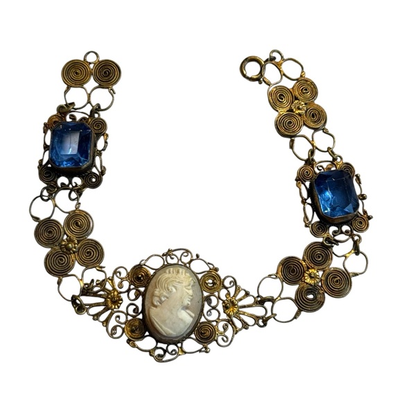 Antique Cantile filagree Blue  paste galss carved Cameo Bracelet art deco - Picture 2 of 8